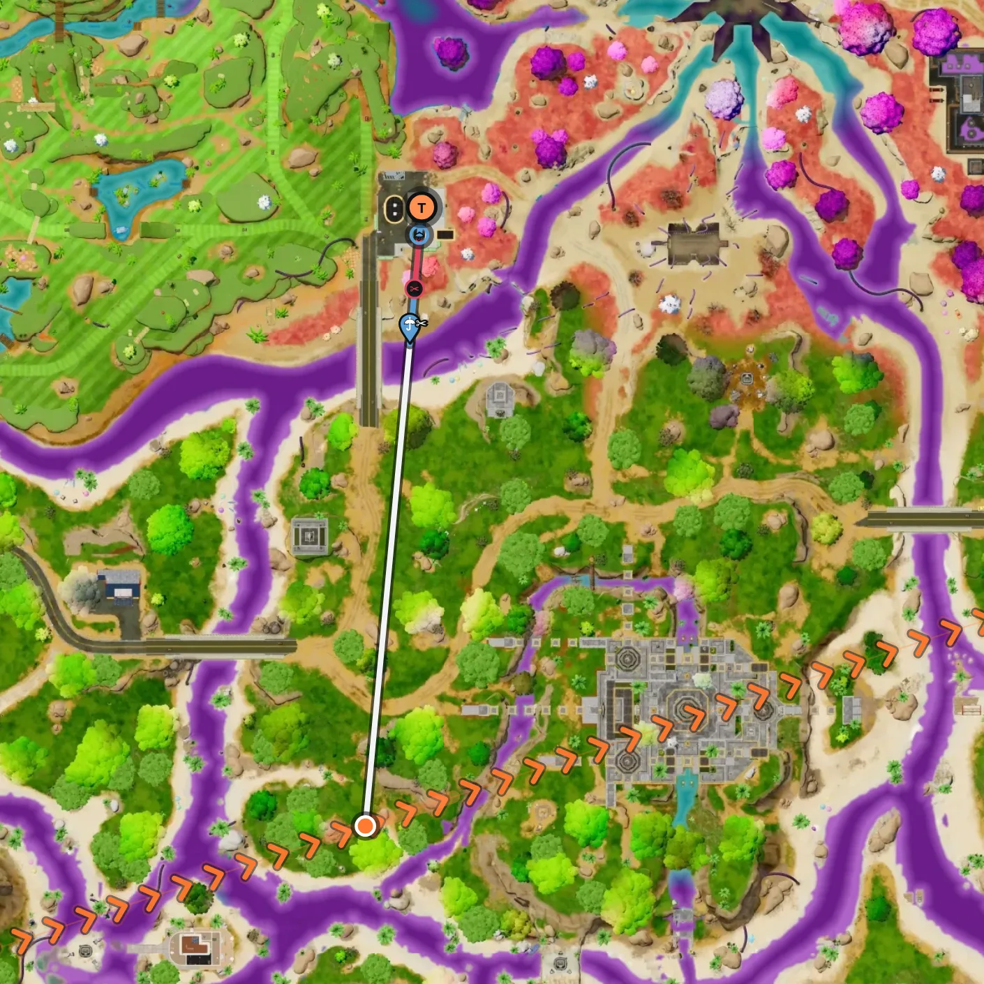 The Droppin map: the bus line, then the dive, the glider, the red cut mark and the blue ring down to a spot at Geno's Machine
